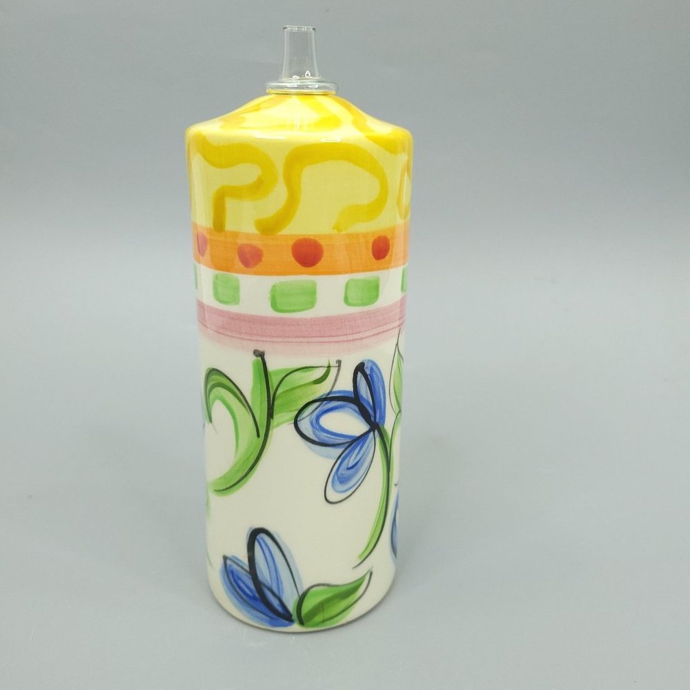Vicki Carroll Pottery Ceramic Oil Lamp Vintage Yellow Blue White Floral Decor